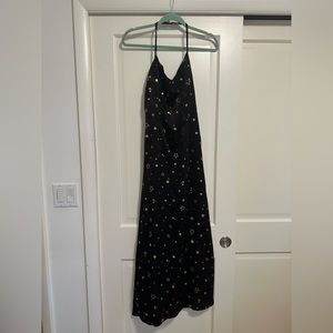 Nasty Gal cosmic black and gold star long open tie back maxi dress sz 6